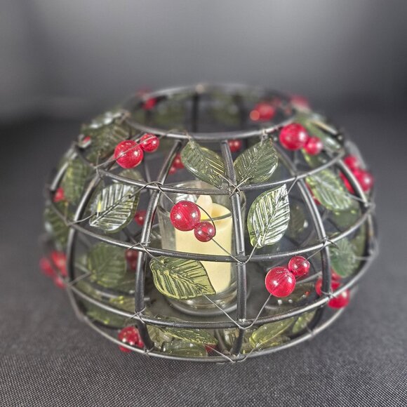 Black Metal With Green Glass Leaves And Red Berries Votive Candle Holder Kohls - Picture 1 of 11